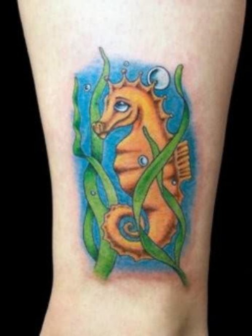 Seahorse In Sea Tattoo On Leg