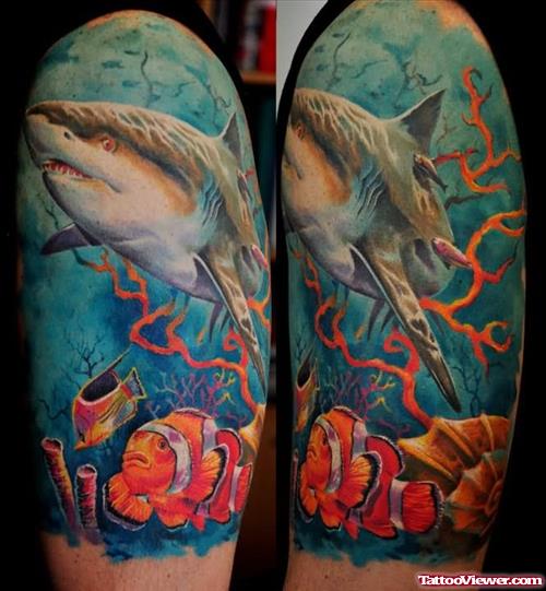 Shark Swiming In Sea Tattoo On Shoulder