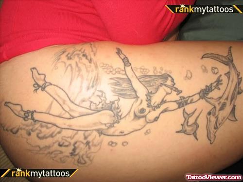 Girl And Shark Tattoo On Thigh