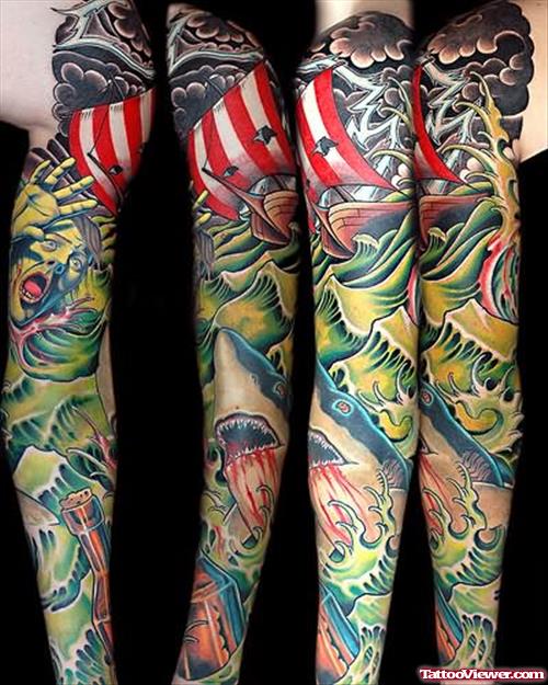 Full Arm Coloured Shark Tattoo