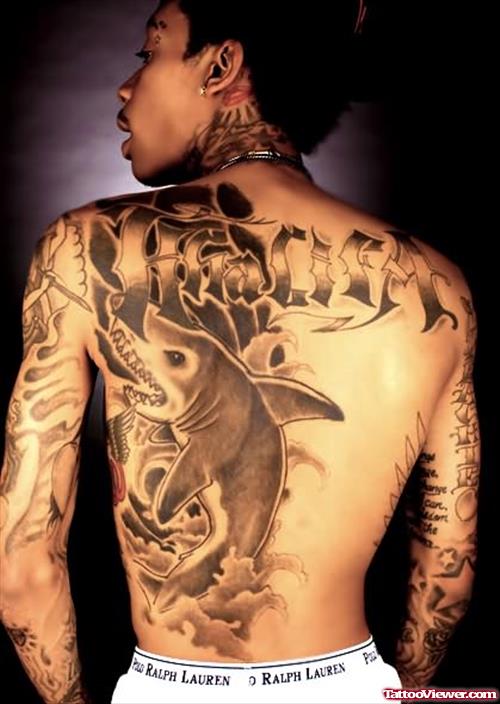 Grey Shark Tattoo On Back Body