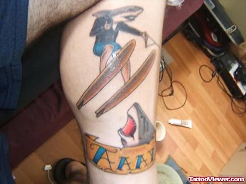 Shark Fonz Tattoo On Leg
