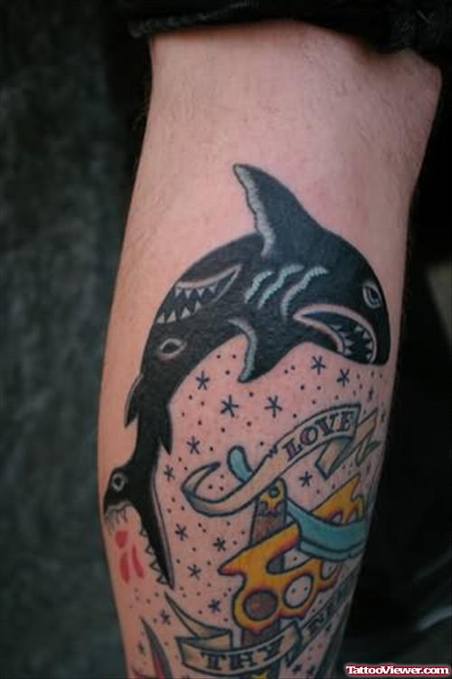 Black Shark Tattoo On Leg