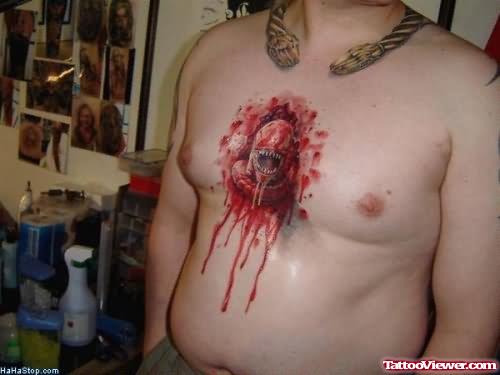 Blood And Shark Tattoo On Chest