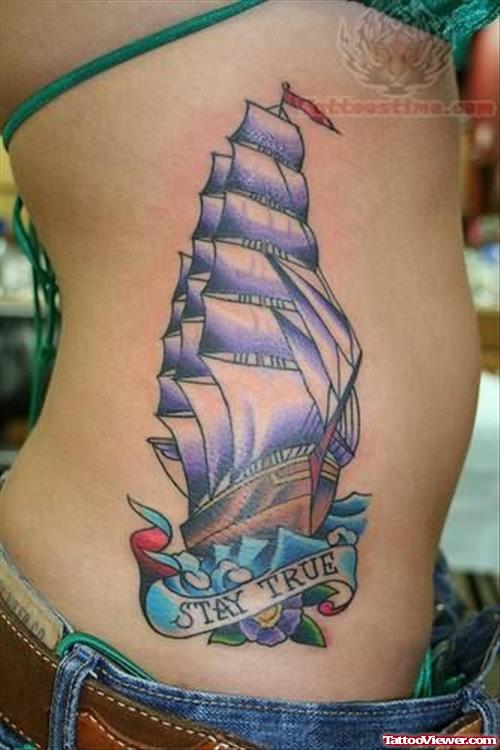 Rib Side Color Ship Tattoo