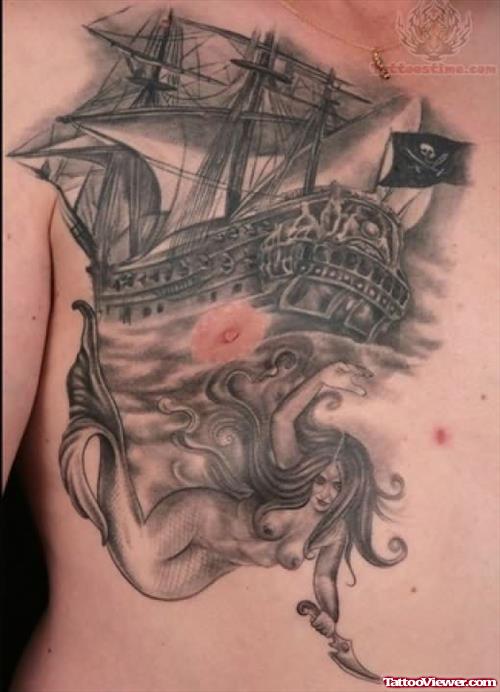 Pirate Ship Tattoo On Chest