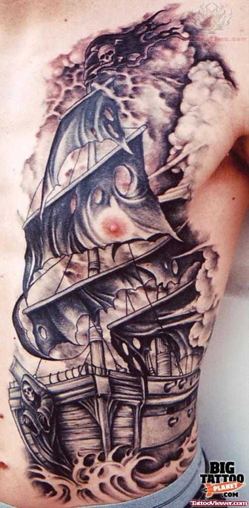 Pirate Ship Tattoo on Side Rib