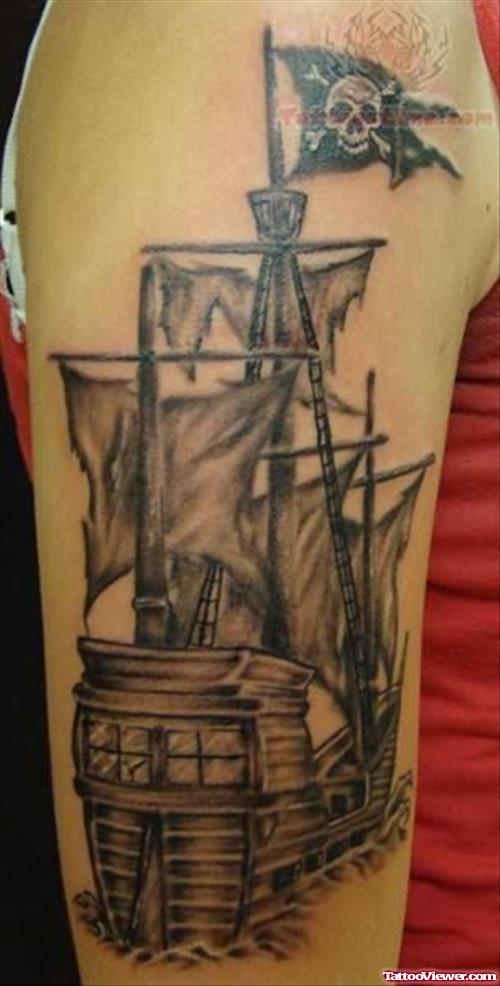 Wood Made Ship Tattoo On Muscle