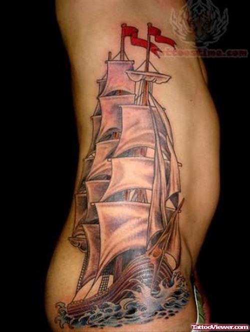 Large Ship Tattoo On Rib Side
