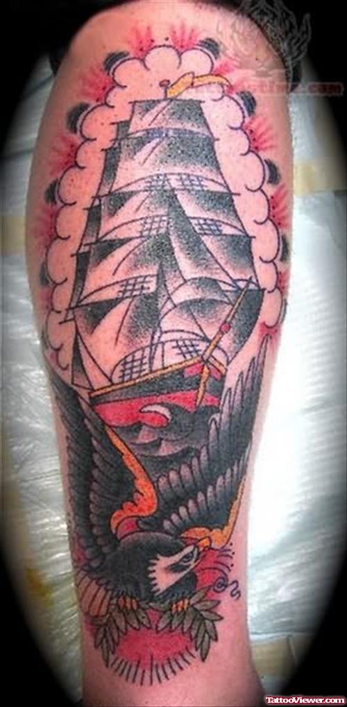 Colored Ship Tattoo On Arm