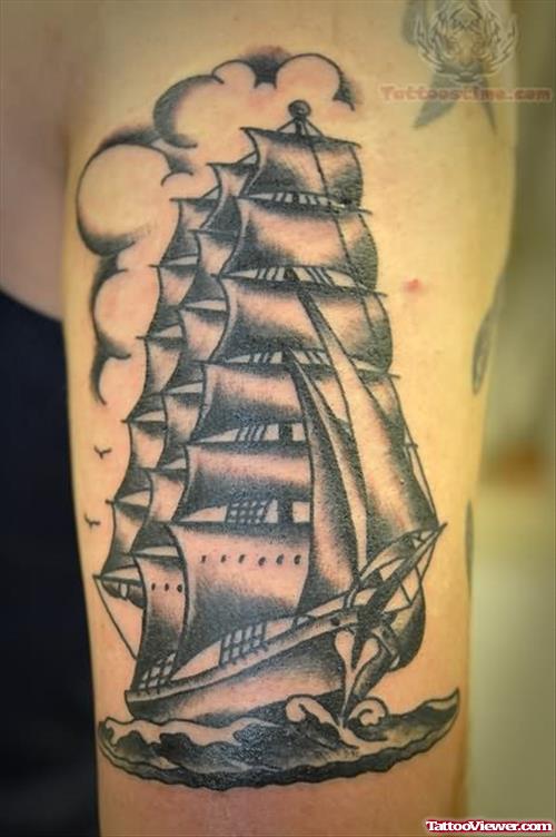 Grey ink Ship Tattoo