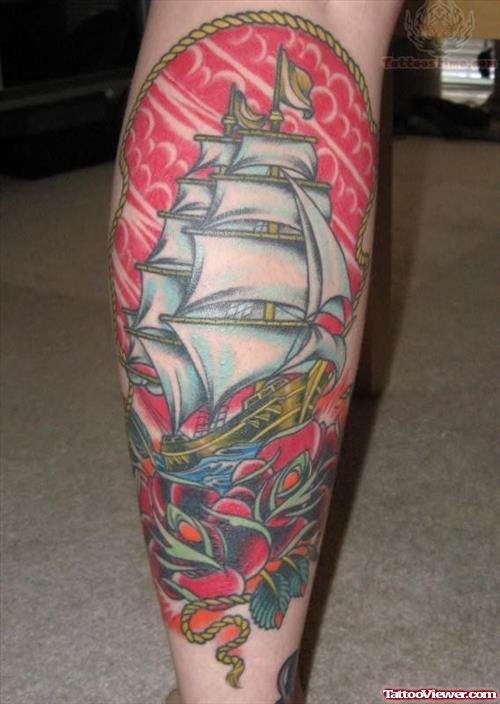 Colored Ship Tattoo On Leg