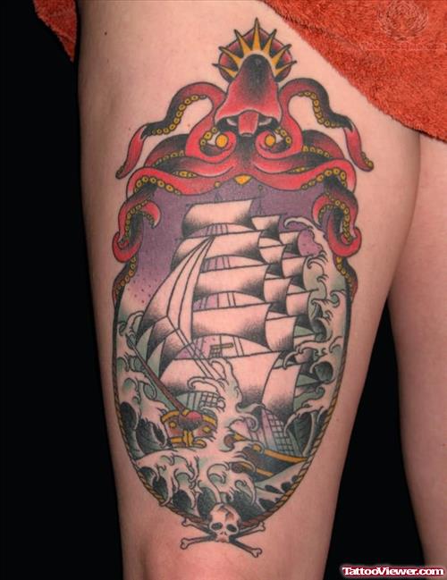 Big Ship Tattoo On Thigh