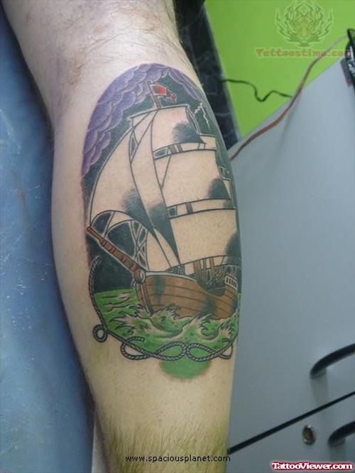 Ship Tattoo on Man Arm
