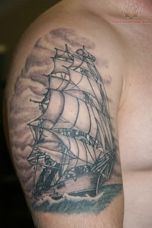 Large Ship Tattoo On Sleeve