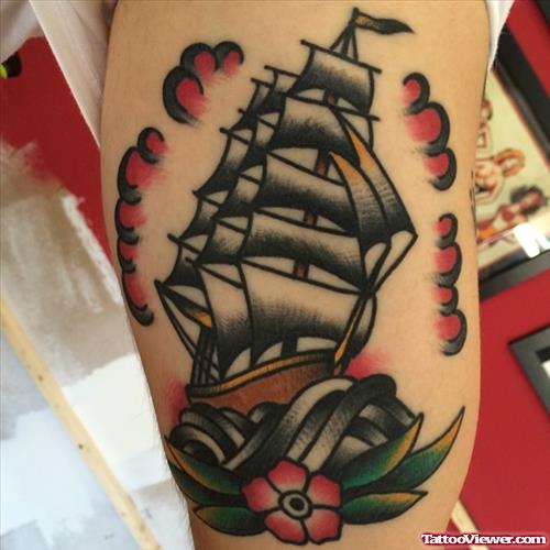 ship sailing on flower tattoo