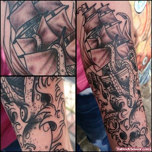   ship and huge octopus tattoo