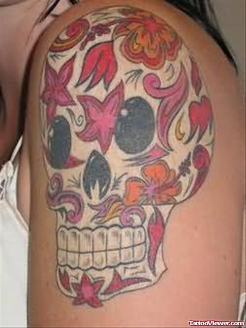 Flowers Skull Tattoo On Shoulder