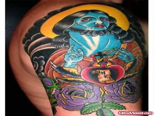 Cross Colourful  Tattoo On Shoulder