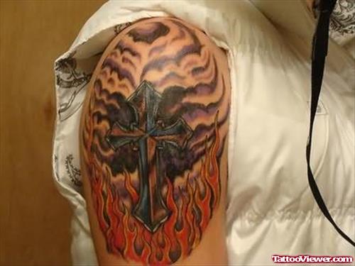 Cross Design Tattoo On Shoulder