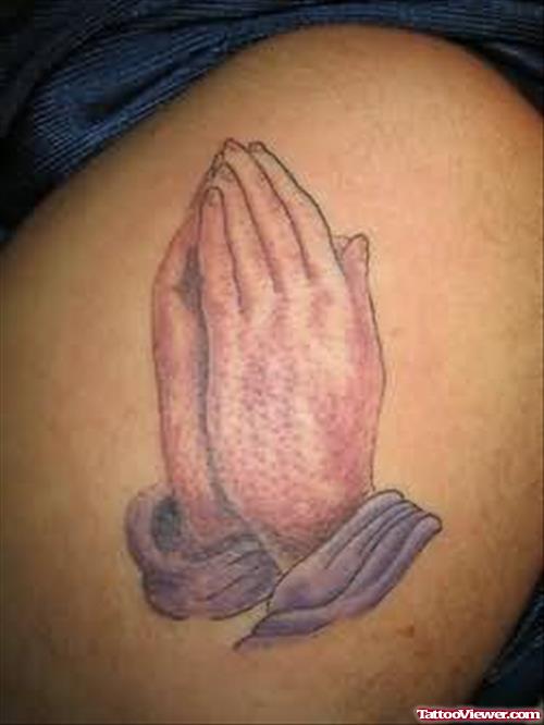 Praying Hands Coloured Tattoo On Shoulder