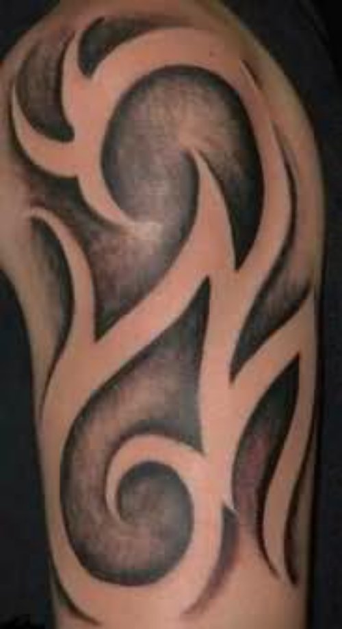 Grey Tribal Tattoo On Shoulder
