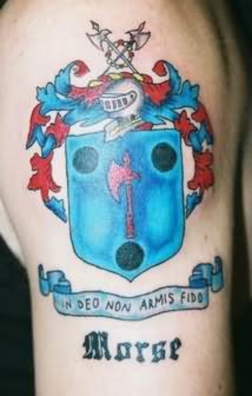 Attractive Family Crest Tattoo On Shoulder