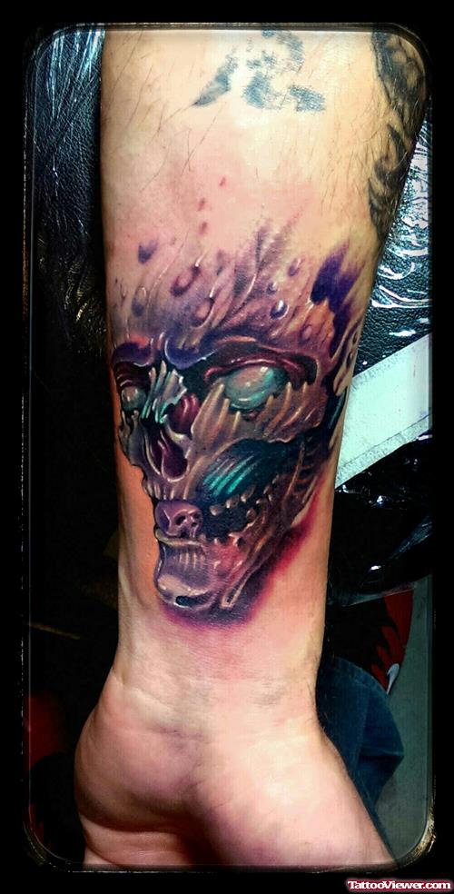 Colored Skull Tattoo On Left Forearm