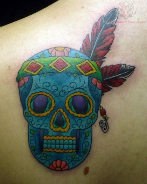 Mexican Skull With Feather Tattoo