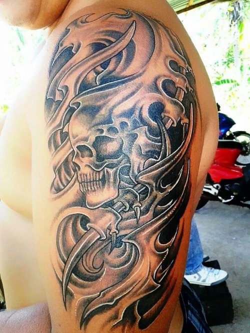 Grey Ink Skull Mechanical Tattoo On Left Half Sleeve