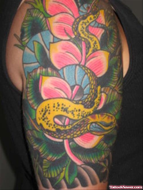 Red Flowers And Snake Tattoo On Half Sleeve