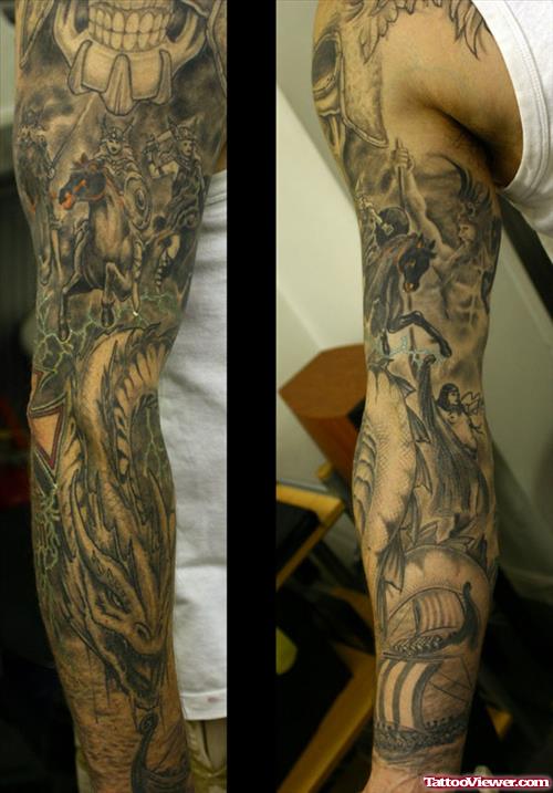 Grey Ink Warriors Sleeve Tattoo