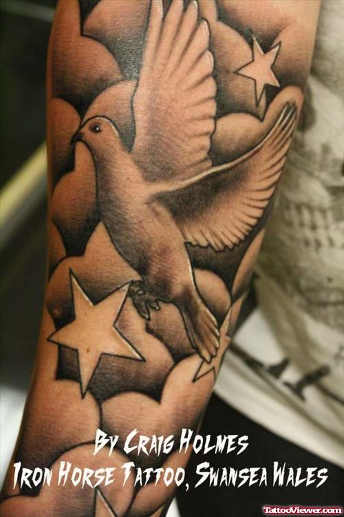 Stars And Flying Dove In Clouds Sleeve Tattoo