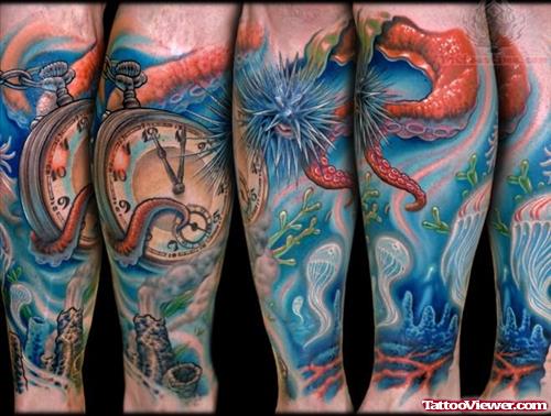 Pocket Watch, Jelly Fish And Octopus Sleeve Tattoo