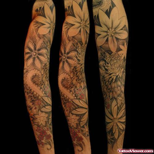 Grey Ink Flowers Sleeve Tattoos