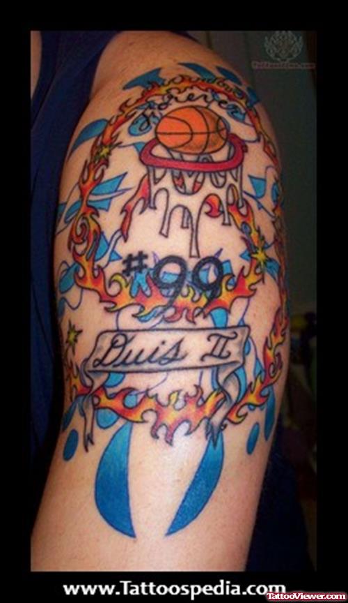 Spiral Flame And Basketball Half Sleeve Tattoo