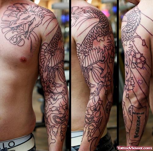 Outline Japanese dragon Left Sleeve Tattoo