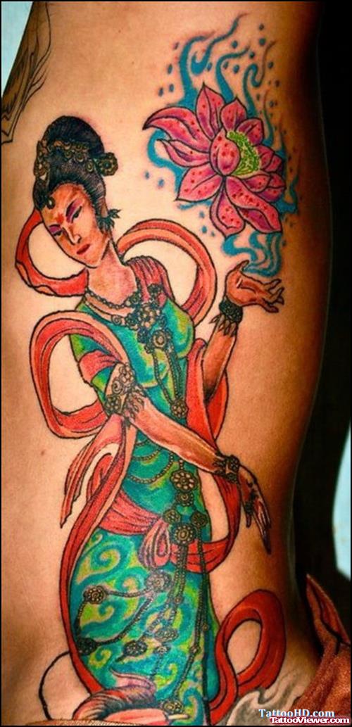 Lotus Flower and Geisha Sleeve Tattoo