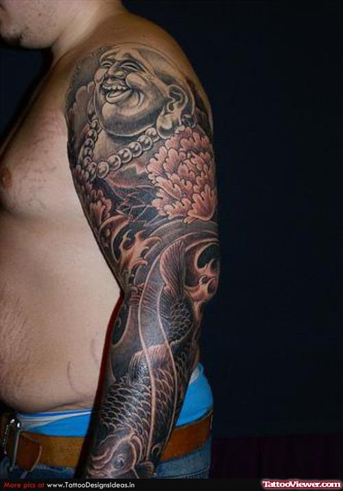 Japnaese Koi With Budha And Flower Sleeve Tattoo