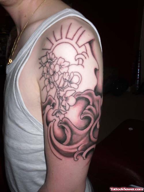 Grey Ink Flowers And sun Half Sleeve Tattoo