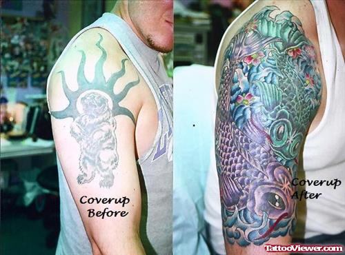 Colored Koi And Beer Sleeve Tattoo