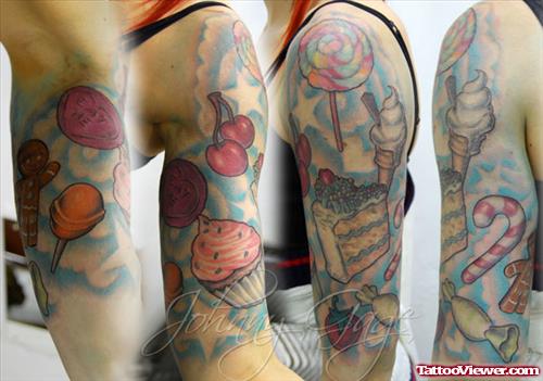 Cherry Cupcake And Candy Sleeve Tattoo