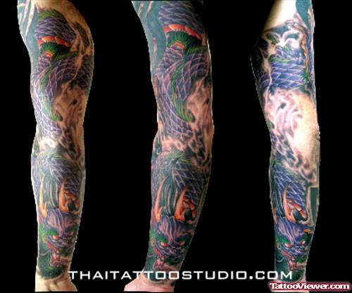 Beautiful Colored Dragon Sleeve Tattoo
