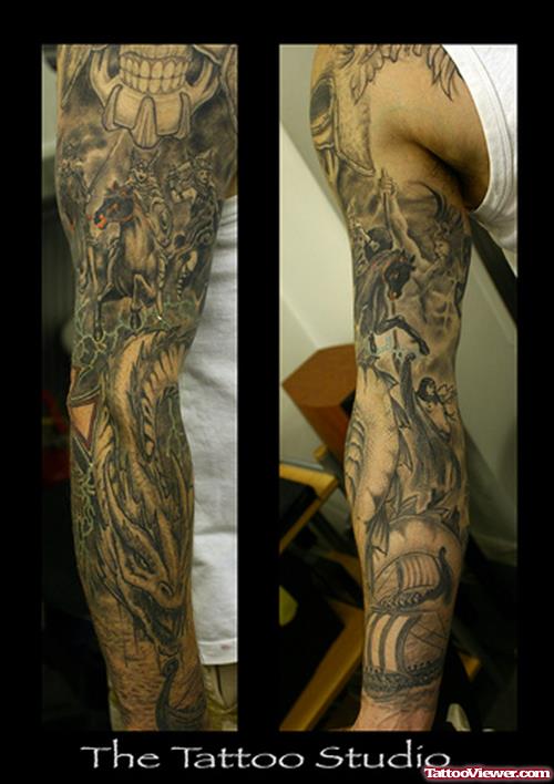 Amazing Grey Ink Sleeve Tattoos For Men