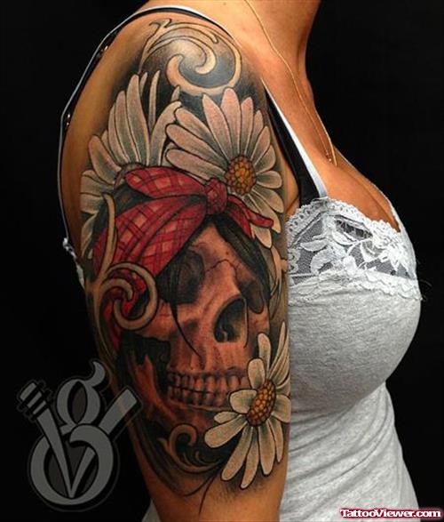 Skull And Daisy Flowers Sleeve Tattoo For Girls