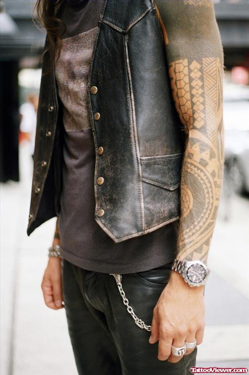 Man With Grey Ink Left Sleeve Tattoo