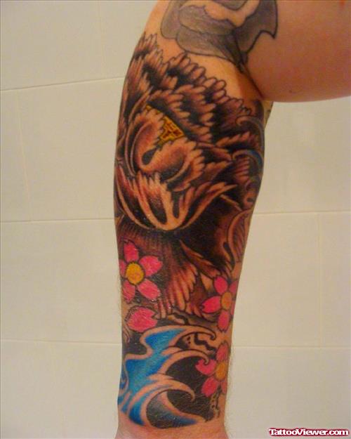 Color Flowers and Dragon Sleeve Tattoo
