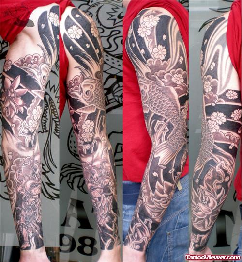 Grey Ink Japanese Koi And Flower Sleeve Tattoo