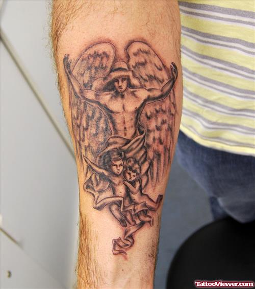 Grey Ink Angels And Cherubs Sleeve Tattoos