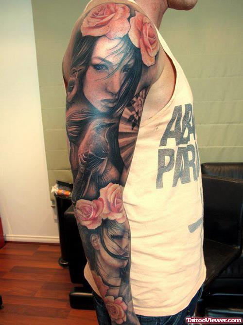 Pink Rose Flowers And Girl Sleeve Tattoo